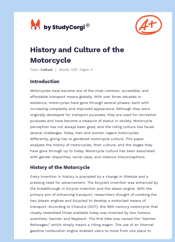 History and Culture of the Motorcycle. Page 1