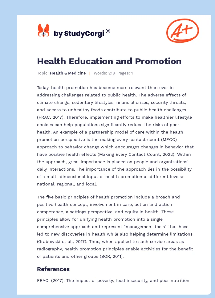 Health Education and Promotion. Page 1