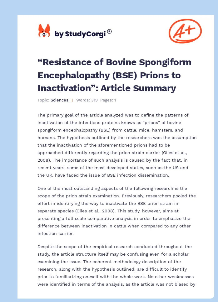 “Resistance of Bovine Spongiform Encephalopathy (BSE) Prions to Inactivation”: Article Summary. Page 1