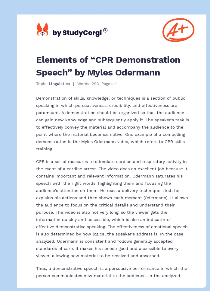 Elements of “CPR Demonstration Speech” by Myles Odermann. Page 1