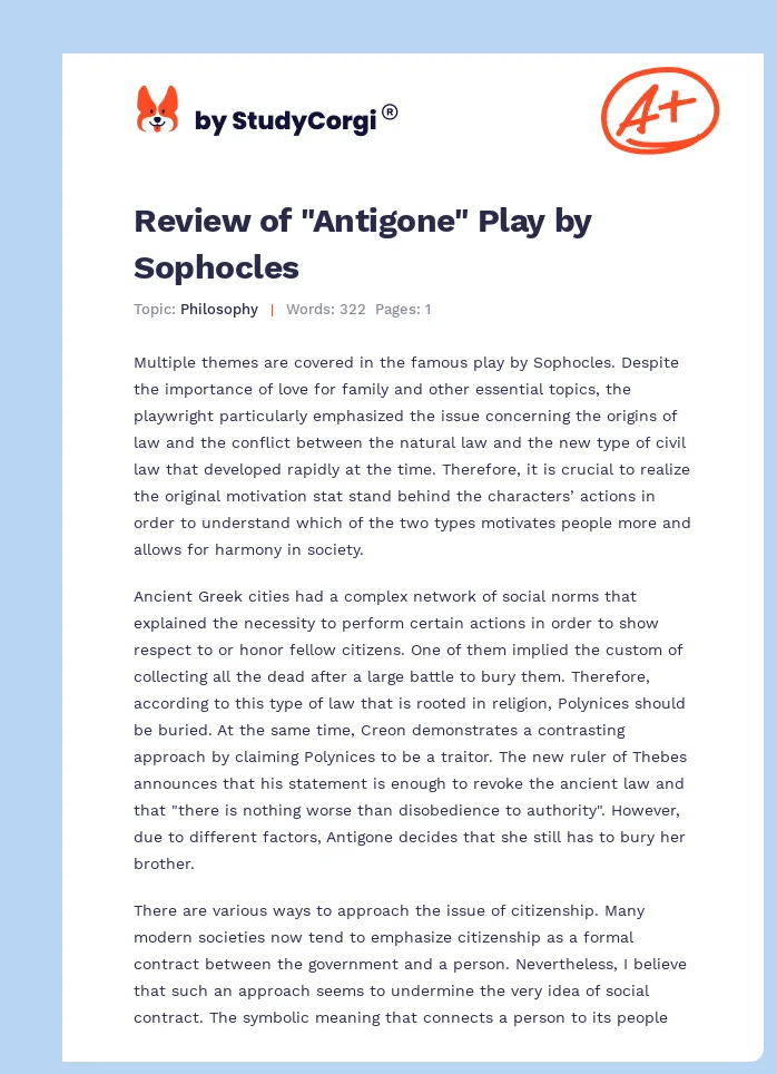 Review of "Antigone" Play by Sophocles. Page 1