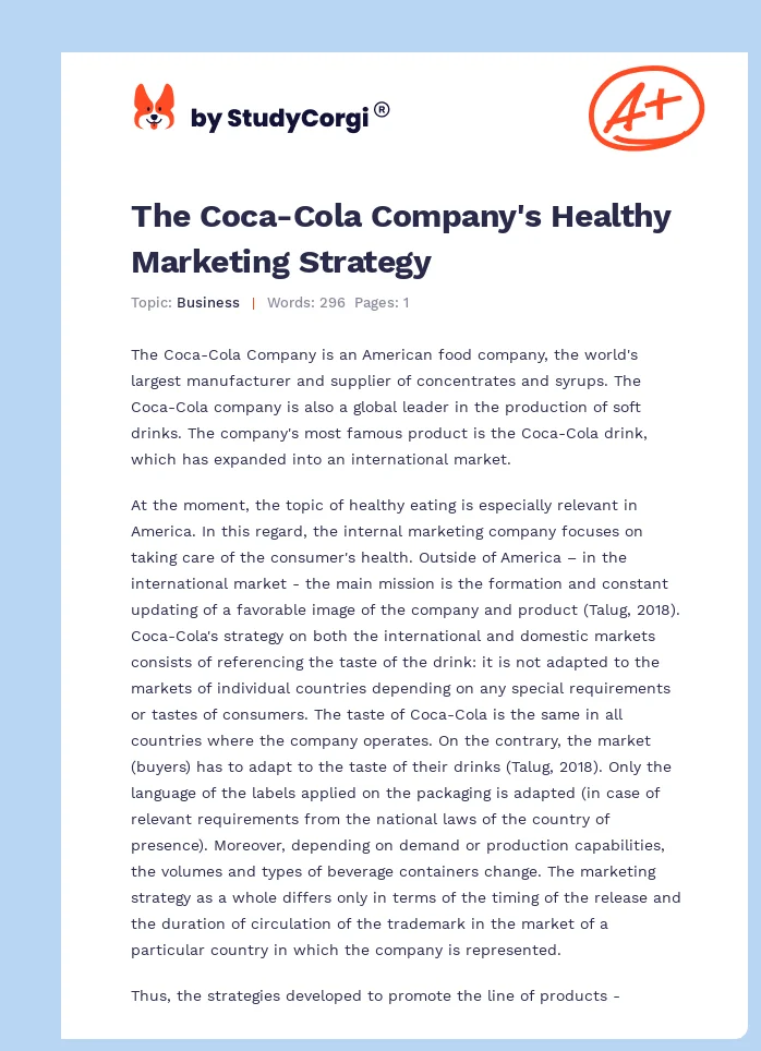 The Coca-Cola Company's Healthy Marketing Strategy. Page 1