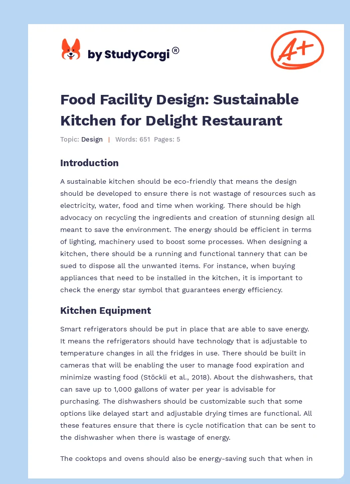 Food Facility Design: Sustainable Kitchen for Delight Restaurant. Page 1
