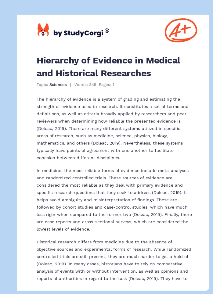 Hierarchy of Evidence in Medical and Historical Researches. Page 1