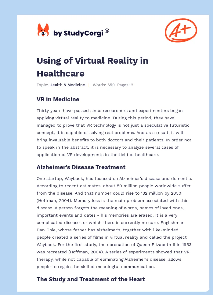 Using of Virtual Reality in Healthcare. Page 1