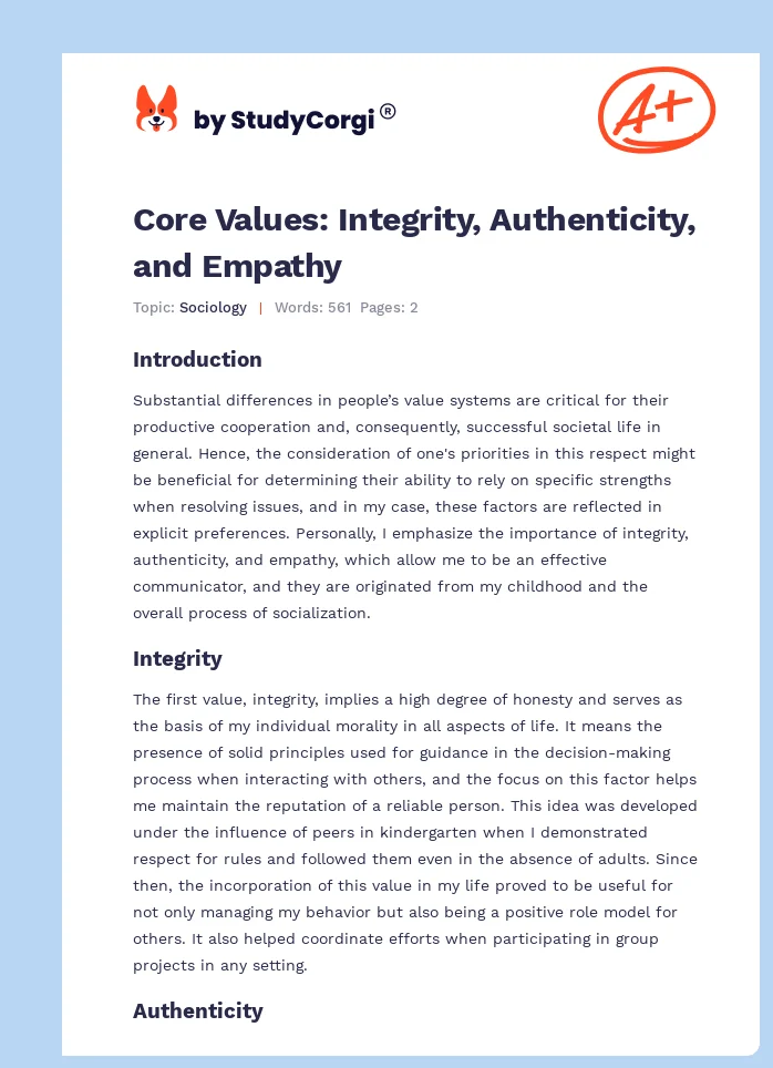 Core Values: Integrity, Authenticity, and Empathy. Page 1