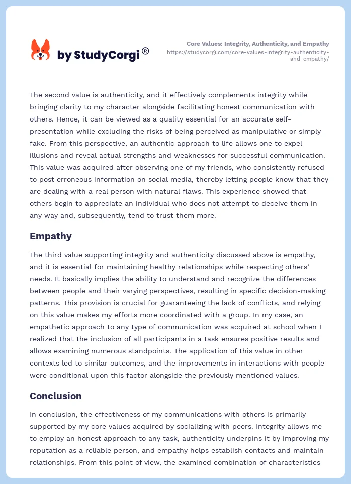 Core Values: Integrity, Authenticity, and Empathy. Page 2
