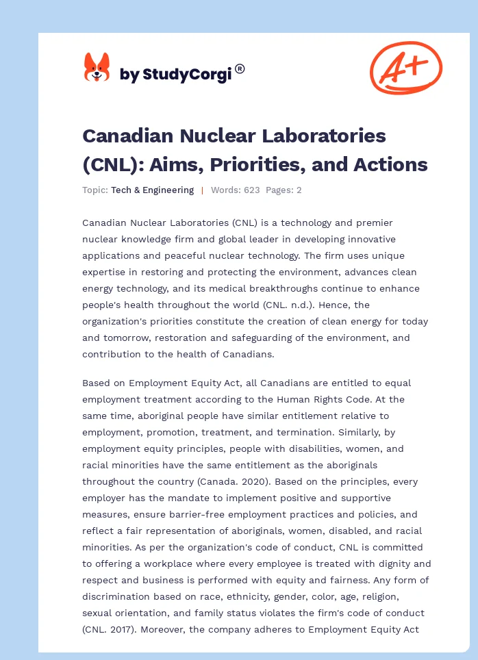 Canadian Nuclear Laboratories (CNL): Aims, Priorities, and Actions. Page 1