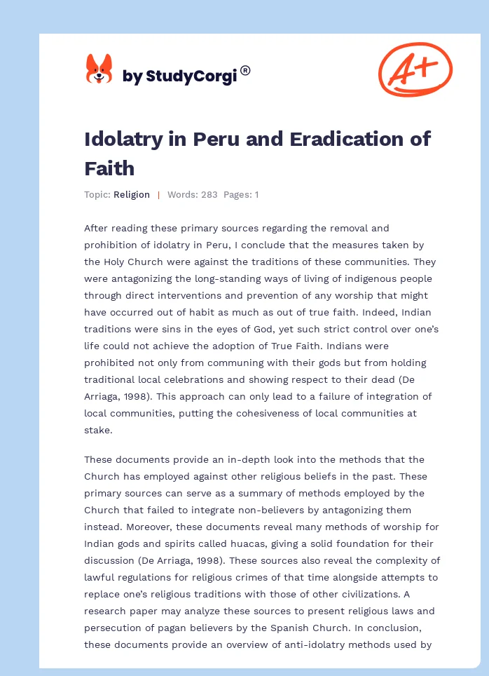 Idolatry in Peru and Eradication of Faith. Page 1