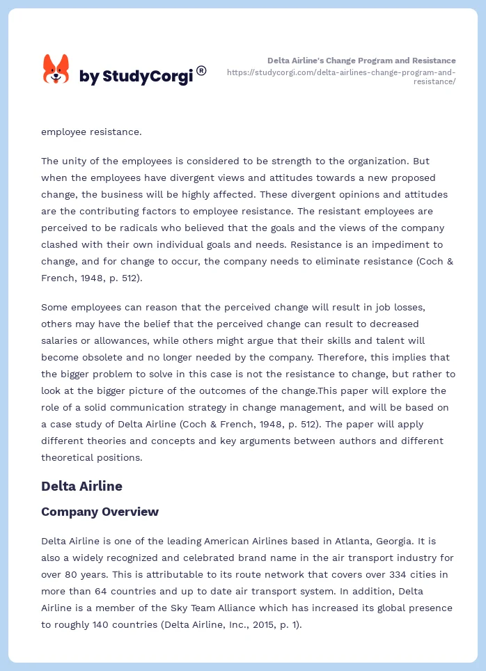 Delta Airline's Change Program and Resistance. Page 2