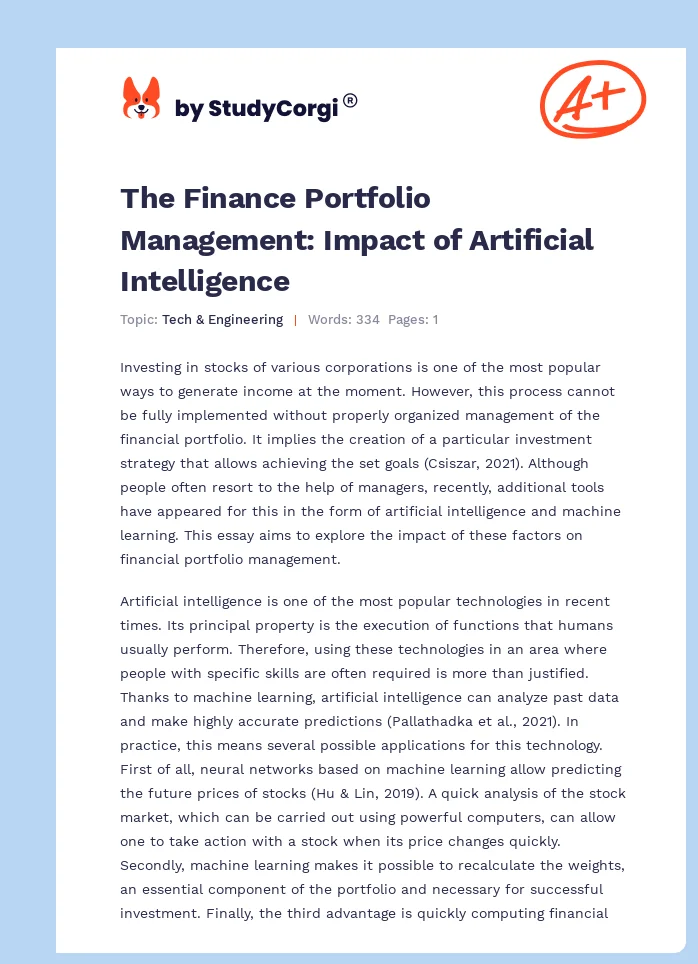 The Finance Portfolio Management: Impact of Artificial Intelligence. Page 1