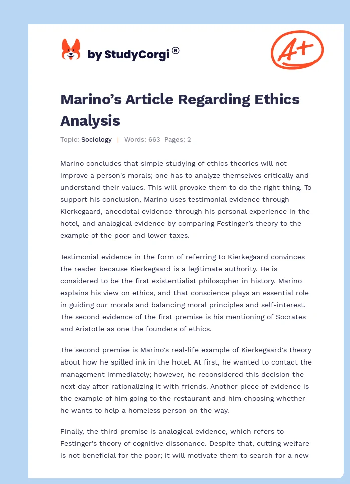 Marino’s Article Regarding Ethics Analysis. Page 1