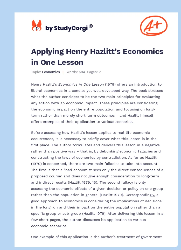 Applying Henry Hazlitt’s Economics in One Lesson. Page 1