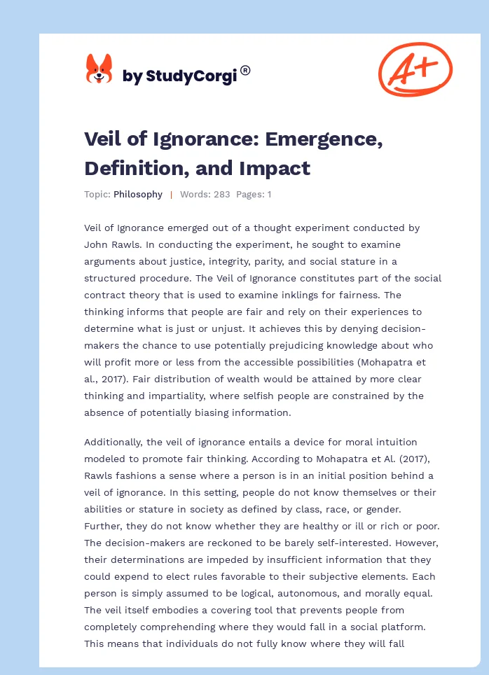 Veil of Ignorance: Emergence, Definition, and Impact. Page 1
