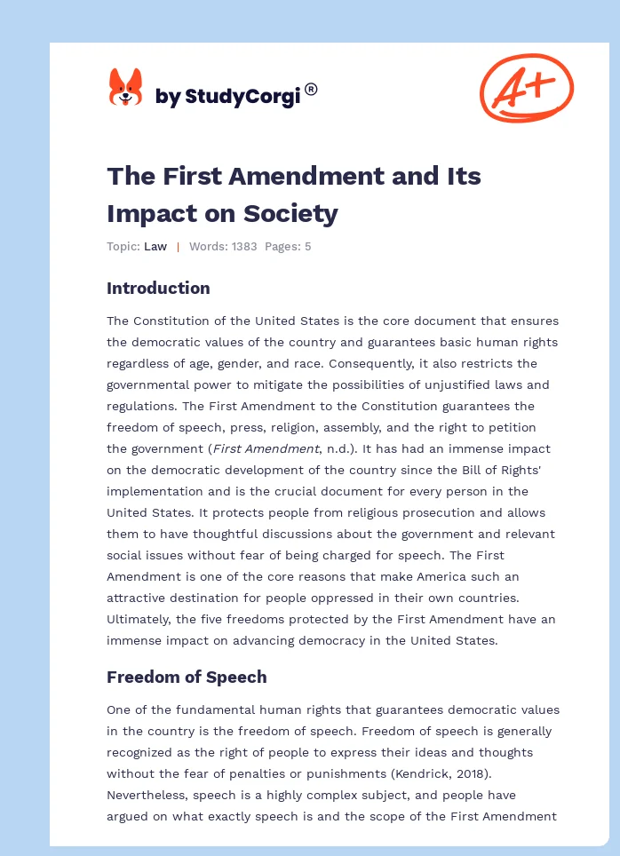 The First Amendment and Its Impact on Society. Page 1