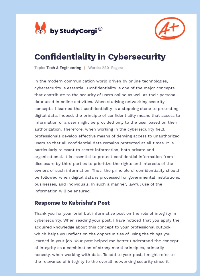 Confidentiality in Cybersecurity | Free Essay Example