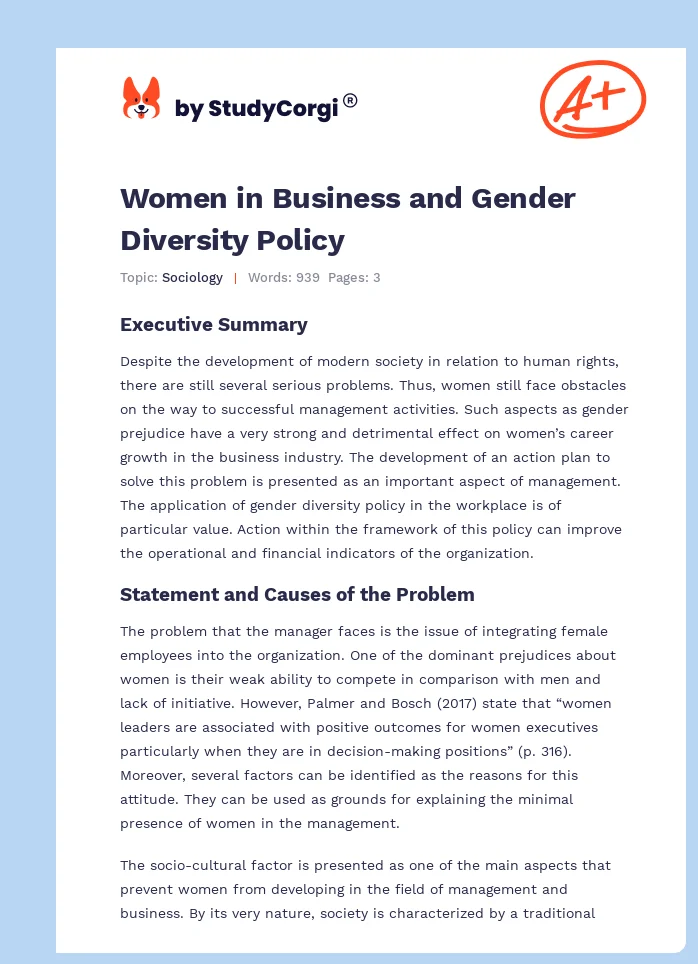 Women in Business and Gender Diversity Policy. Page 1