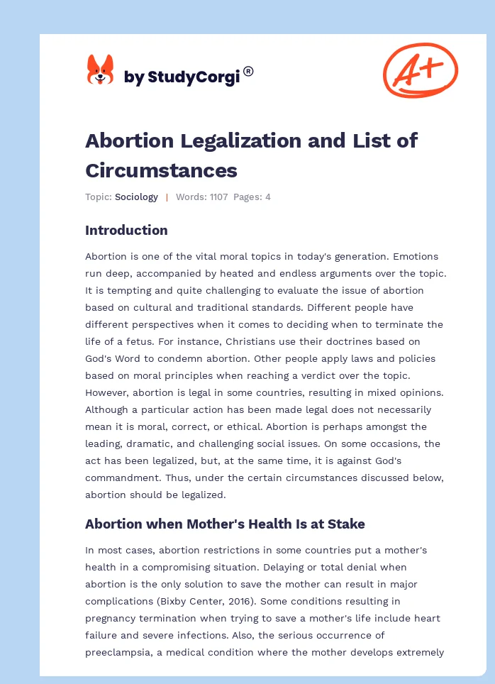 Abortion Legalization and List of Circumstances. Page 1