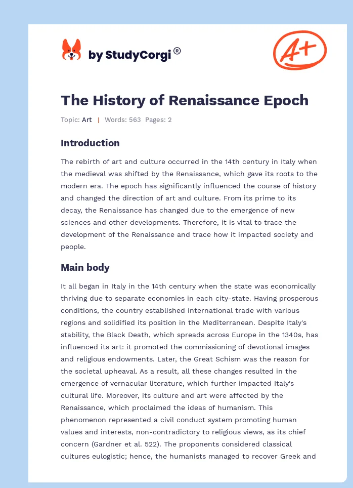 The History of Renaissance Epoch. Page 1