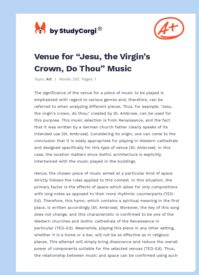 Venue for “Jesu, the Virgin’s Crown, Do Thou” Music. Page 1