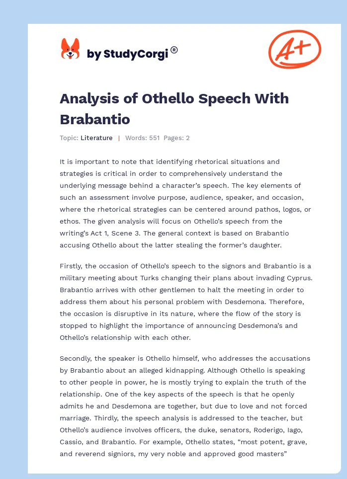 Analysis of Othello Speech With Brabantio. Page 1