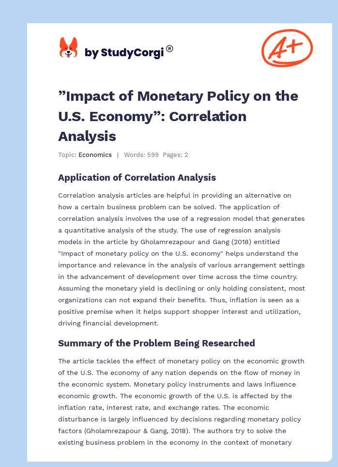 ”Impact of Monetary Policy on the U.S. Economy”: Correlation Analysis. Page 1