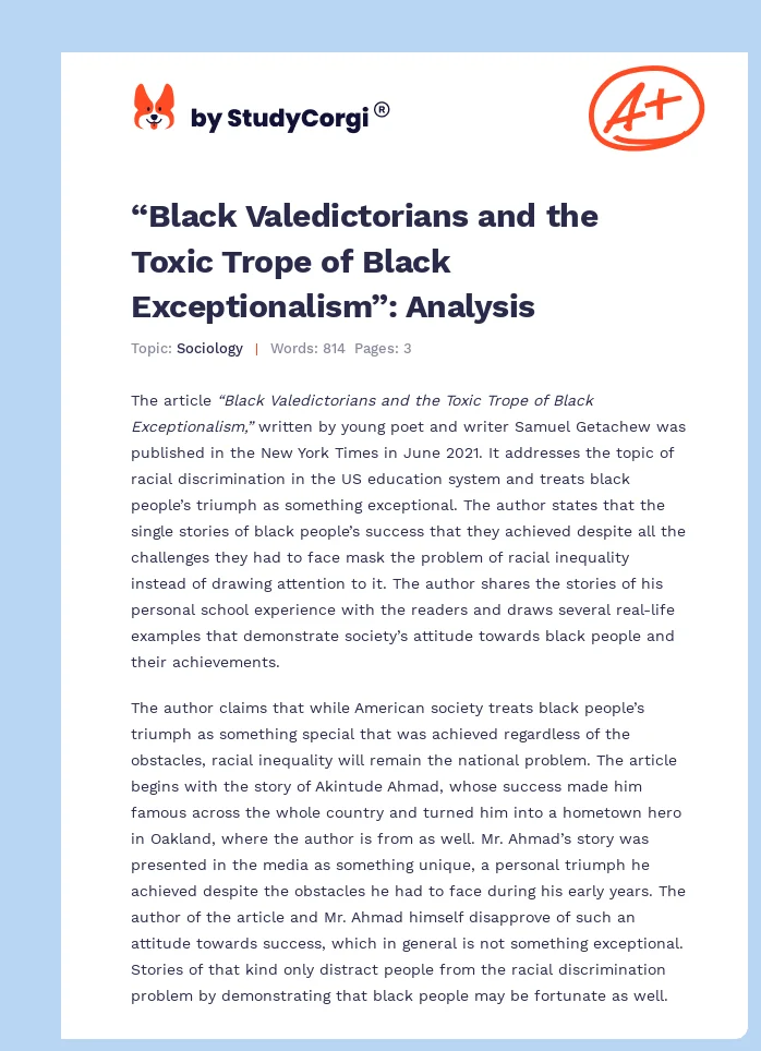 “Black Valedictorians and the Toxic Trope of Black Exceptionalism”: Analysis. Page 1
