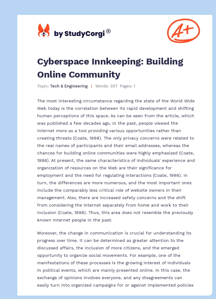 Cyberspace Innkeeping: Building Online Community. Page 1