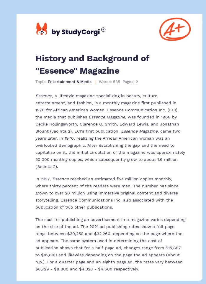 History and Background of "Essence" Magazine. Page 1