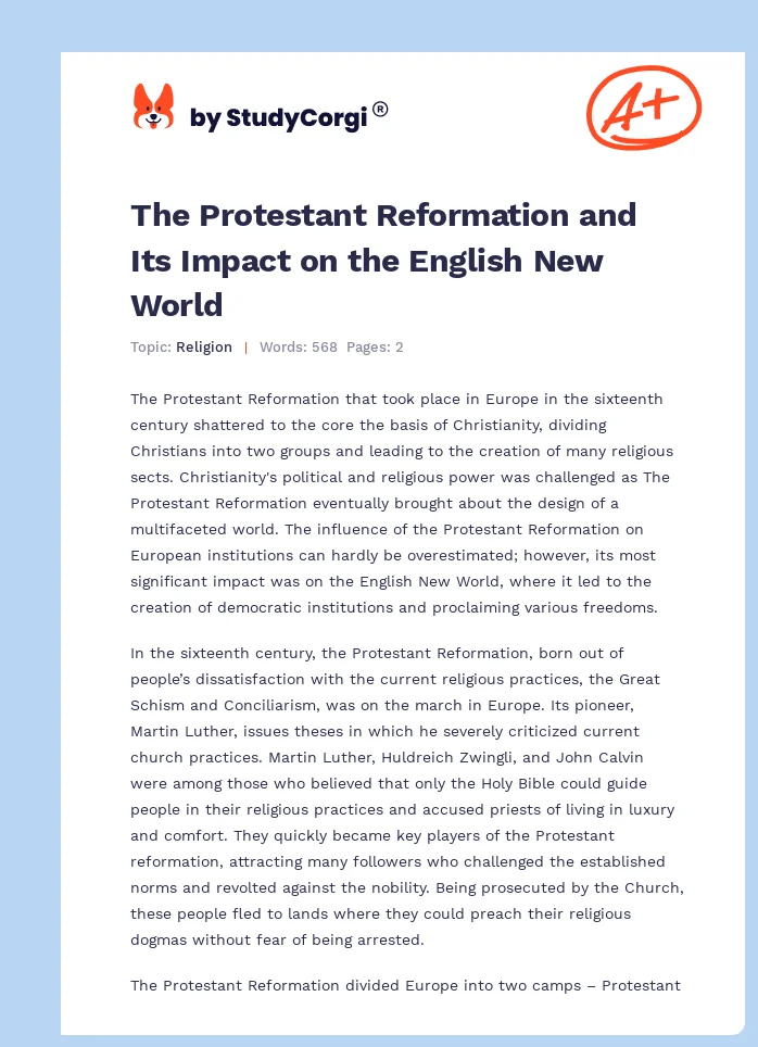 The Protestant Reformation and Its Impact on the English New World. Page 1