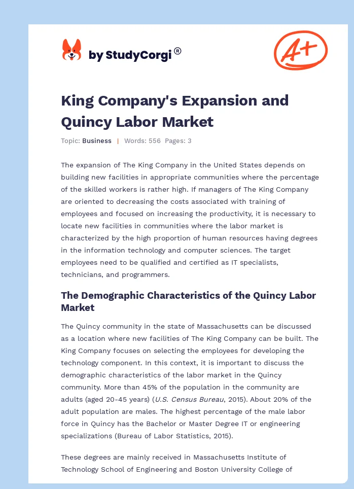 King Company's Expansion and Quincy Labor Market. Page 1