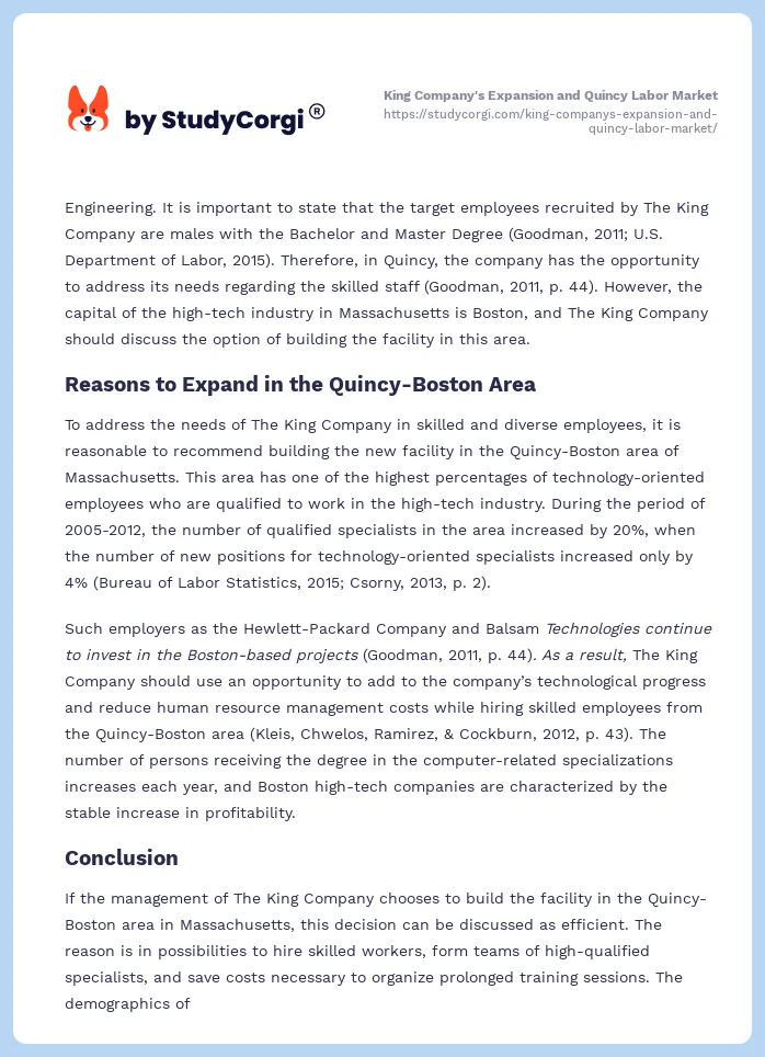 King Company's Expansion and Quincy Labor Market. Page 2