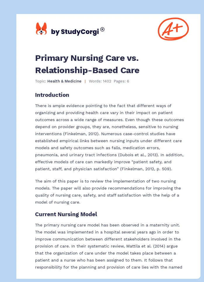 Primary Nursing Care vs. Relationship-Based Care. Page 1