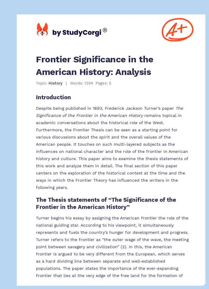 Frontier Significance in the American History: Analysis. Page 1