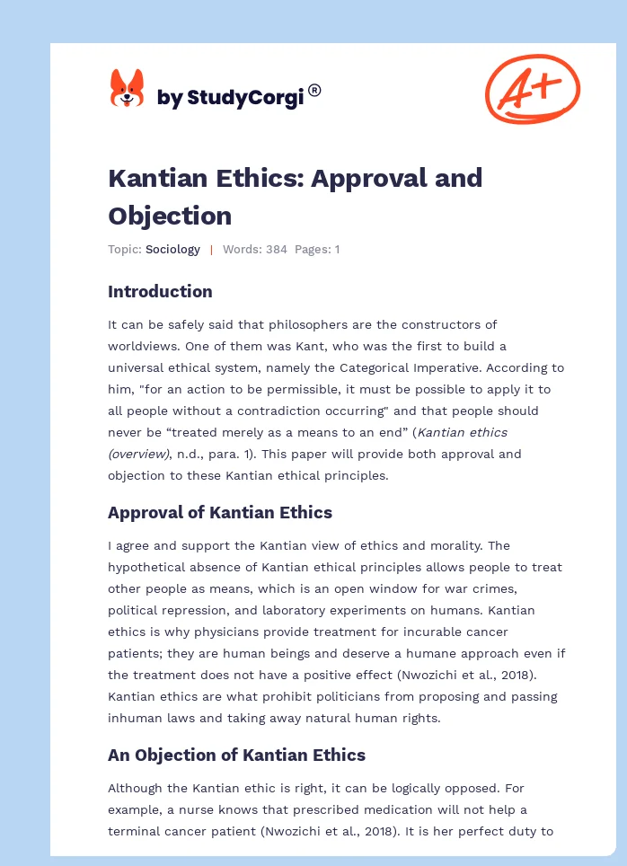 Kantian Ethics: Approval and Objection. Page 1
