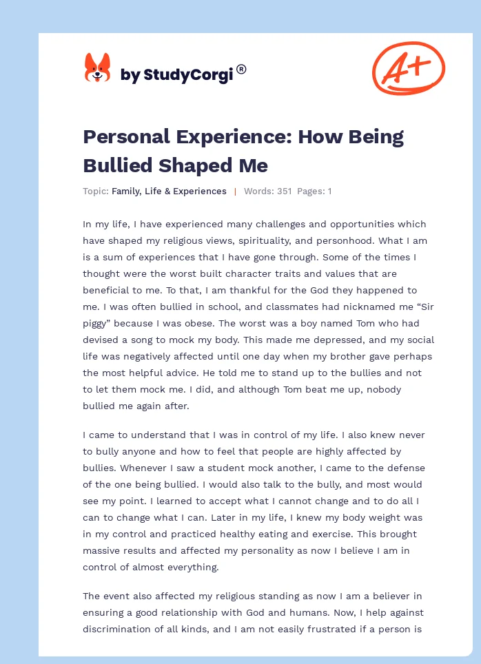 Personal Experience: How Being Bullied Shaped Me. Page 1