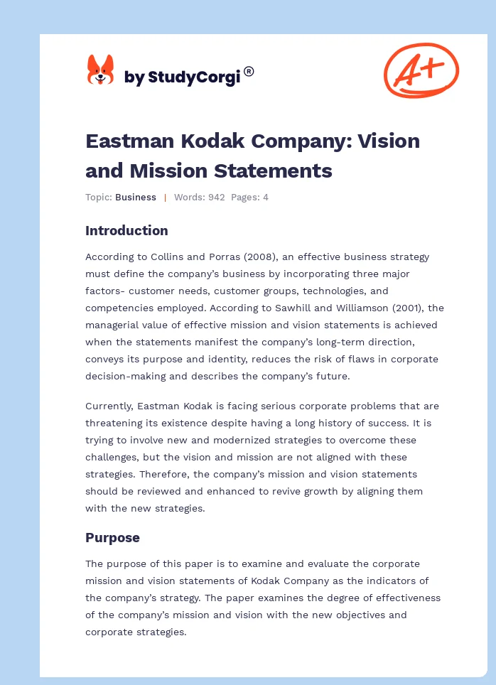 Eastman Kodak Company: Vision and Mission Statements. Page 1