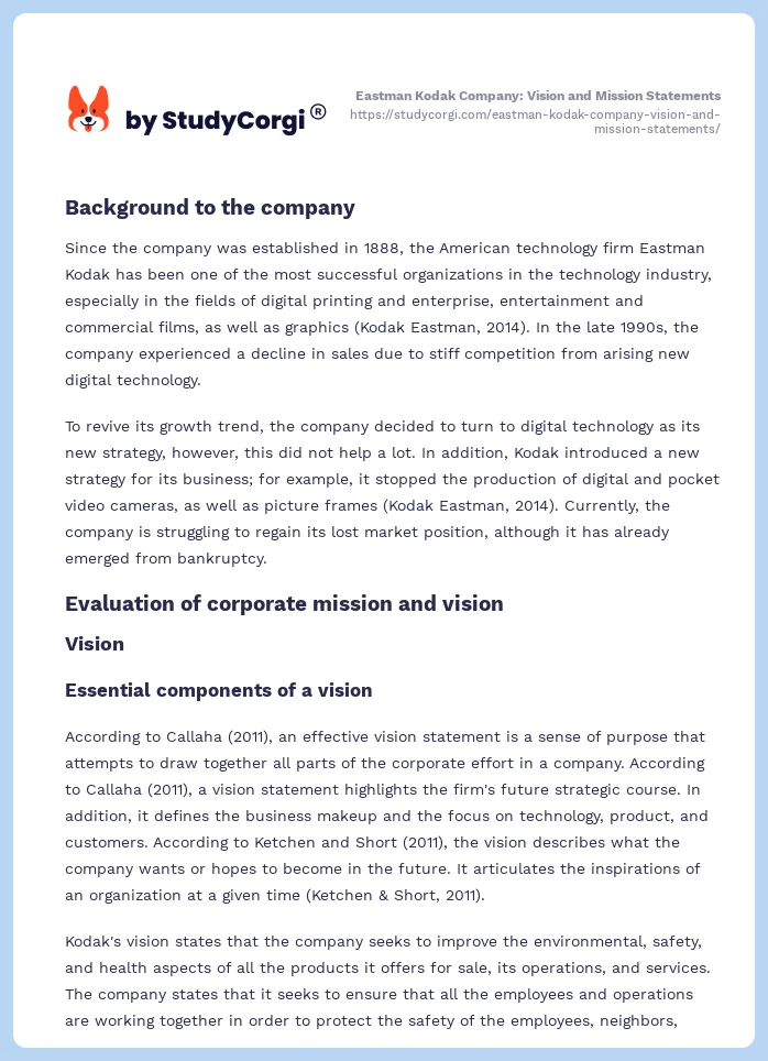 Eastman Kodak Company: Vision and Mission Statements. Page 2