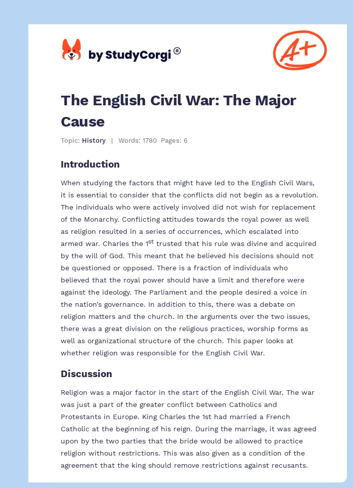 The English Civil War: The Major Cause. Page 1