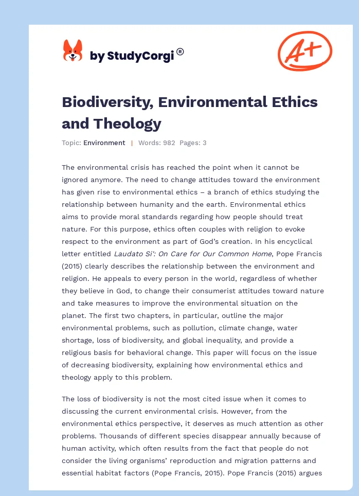 Biodiversity, Environmental Ethics and Theology. Page 1