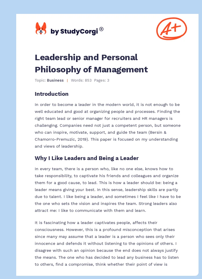 Leadership and Personal Philosophy of Management. Page 1