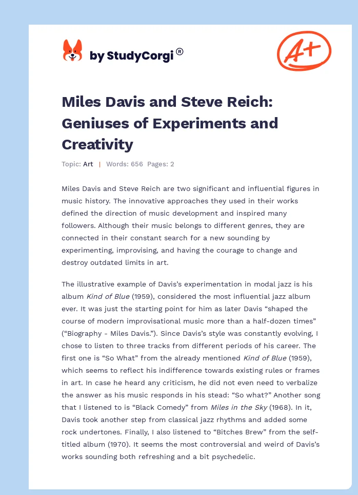 Miles Davis and Steve Reich: Geniuses of Experiments and Creativity. Page 1