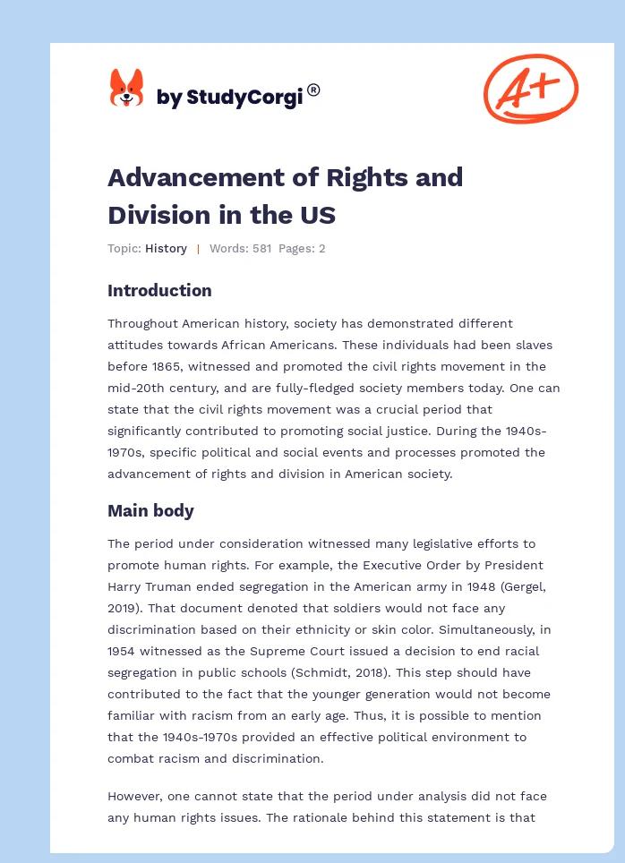 Advancement of Rights and Division in the US. Page 1