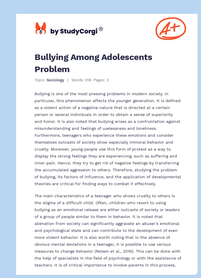 Bullying Among Adolescents Problem. Page 1