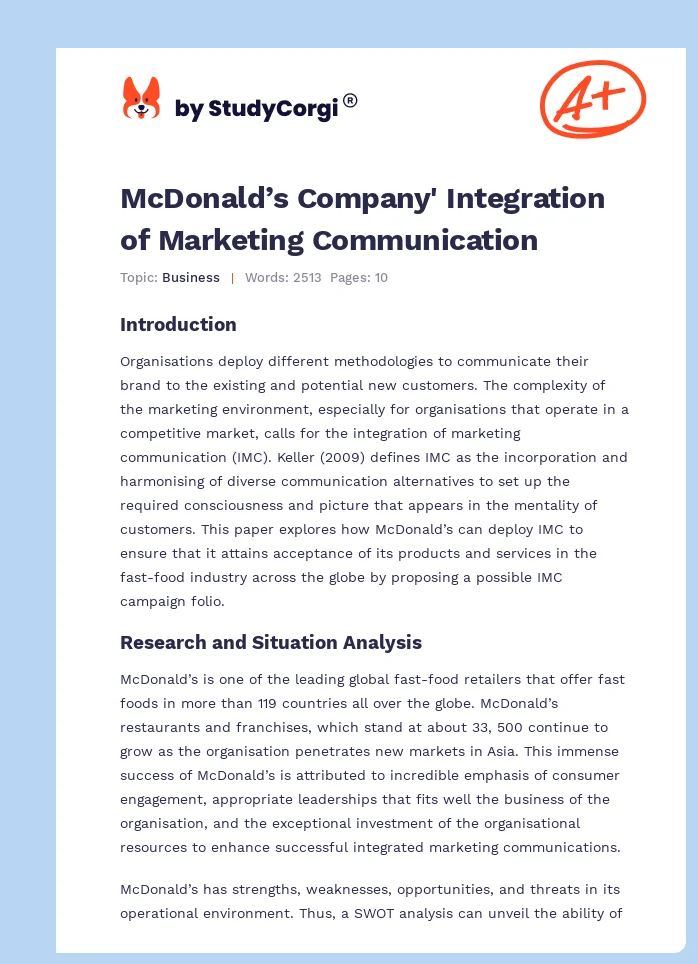 McDonald’s Company' Integration of Marketing Communication. Page 1