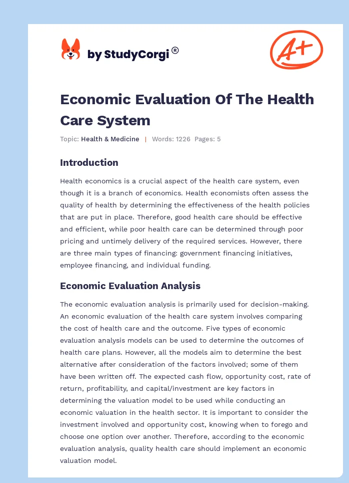 Economic Evaluation Of The Health Care System. Page 1