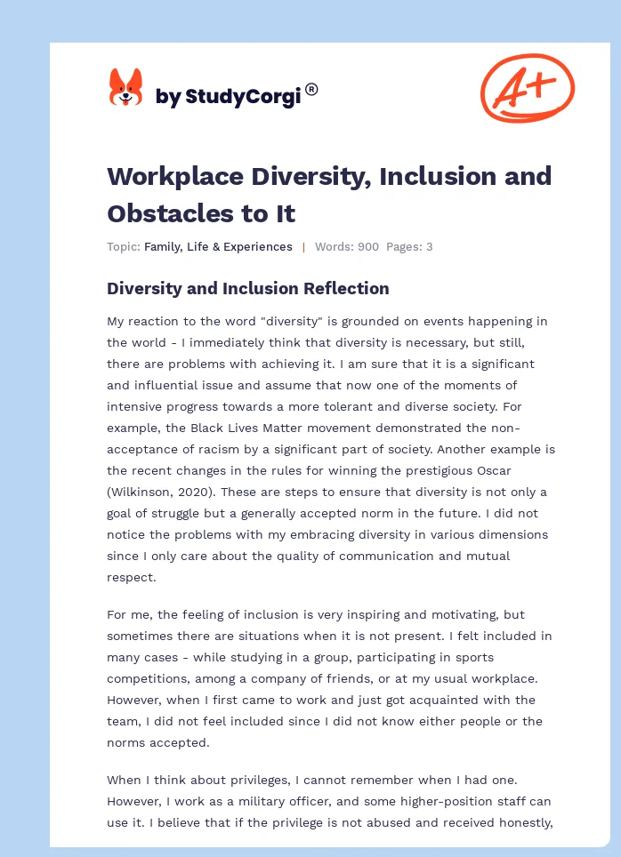 Workplace Diversity, Inclusion and Obstacles to It. Page 1
