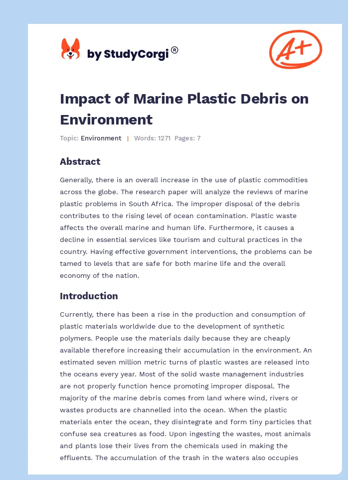 Impact of Marine Plastic Debris on Environment. Page 1
