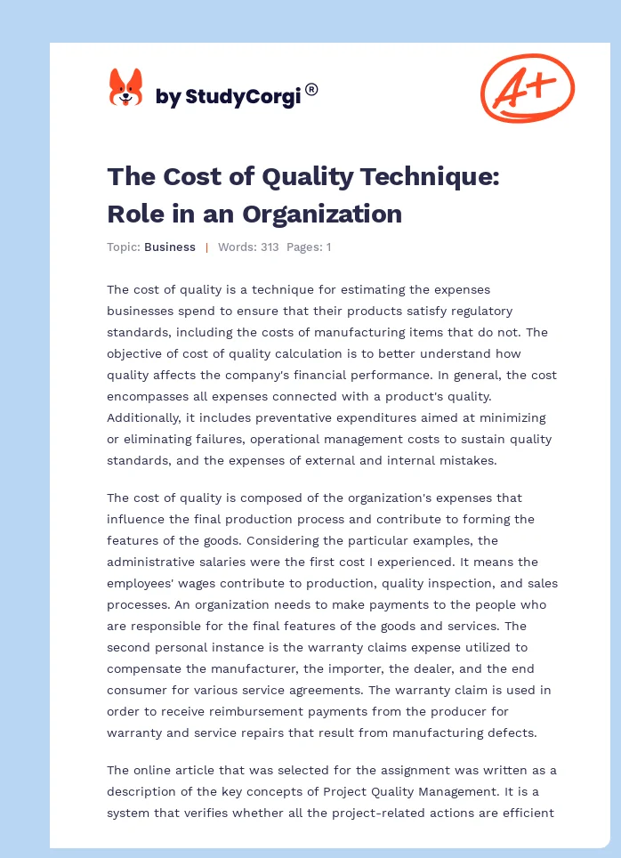 The Cost of Quality Technique: Role in an Organization. Page 1