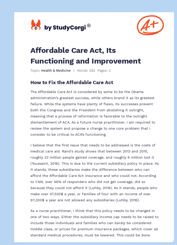 Affordable Care Act, Its Functioning and Improvement. Page 1